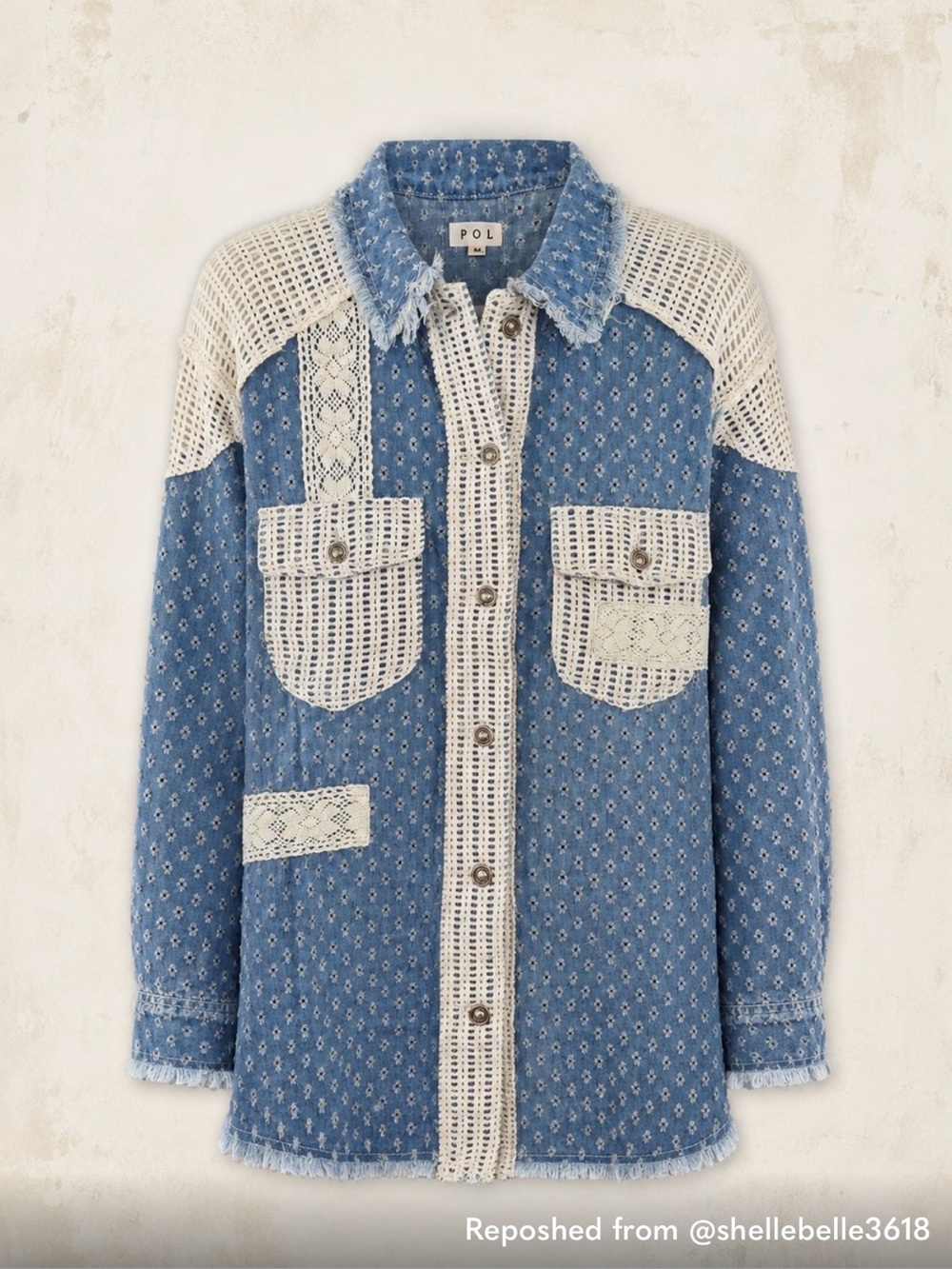 🤍 POL Blue & Cream Crochet-Trim Button Down Oversized Shirt/Jacket Medium